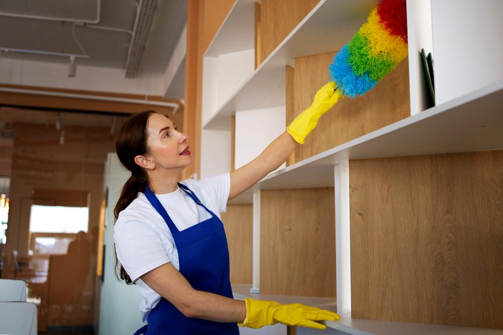 Lady dusting shelves